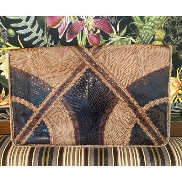 Carlos Falchi Vintage Fabulous Large Brown Skins Leather & Snakeskin Clutch - Picture 2 of 8